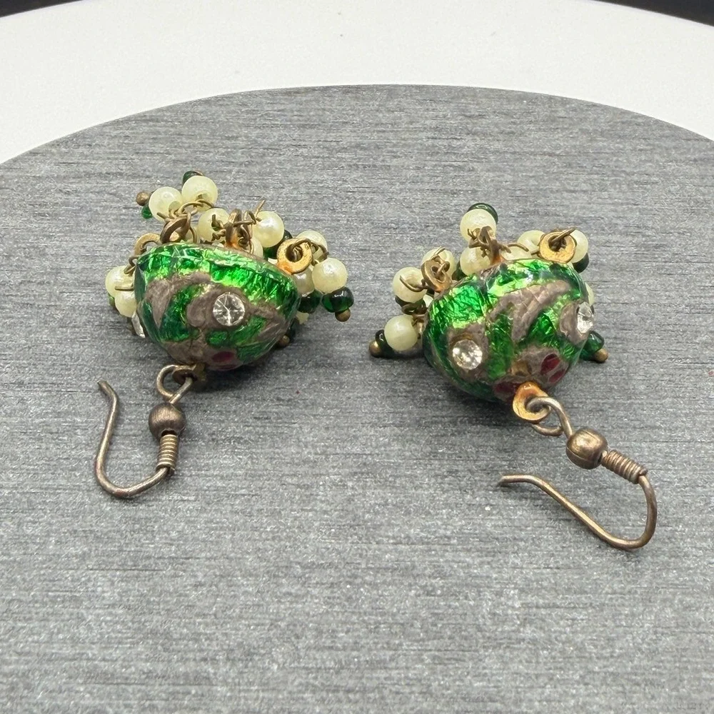 Green Enamel Rhinestone Beaded Dangle Earrings Boho Cluster Drop Pierced Hooks